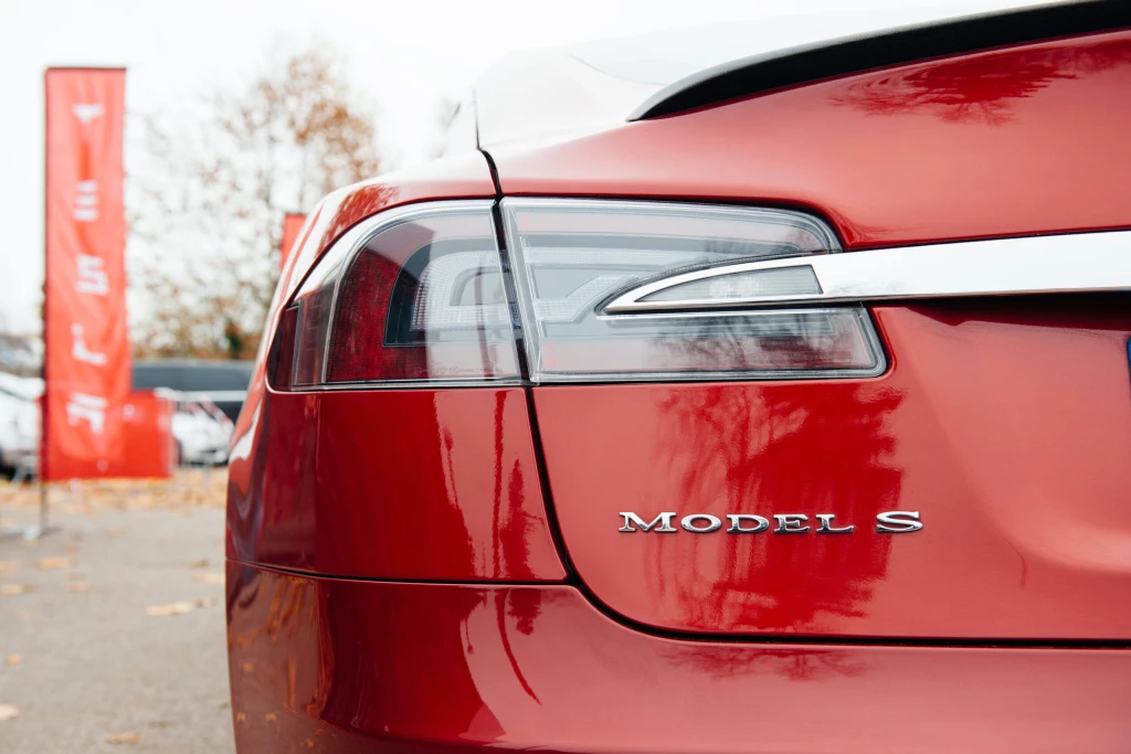 A close up on the back of a Tesla Model S